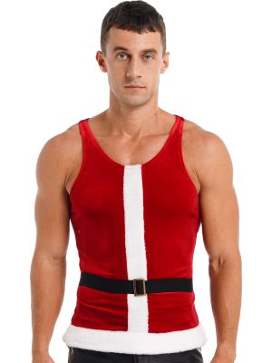 iEFiEL Mens Christmas Santa Claus Costume Flannel Trim Velvet Tank Top Nightwear Sleeveless T-shirt with Belt