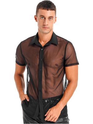 iEFiEL Mens See Through Mesh Short Sleeve Shirt Turn-Down Collar Button Sheer Tops for Club Party Music Festival