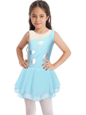 iEFiEL Kids Girls Sleeveless Patchwork Style Shiny Rhinestone Bronzing Cloth Skating Dance Dress