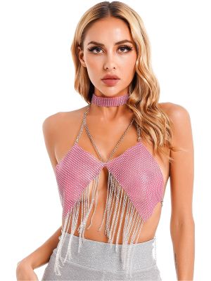 iEFiEL Womens Sparkling Rhinestone Metal Chain Tassels Camisole Halter Crop Top with Choker Body Chains Rave Party Clubwear