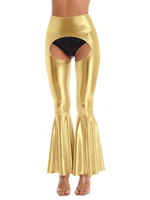 iEFiEL Womens Metallic Sexy Crotchless Flared Pants High Waist Cutout Bell Bottom Trousers Clubwear