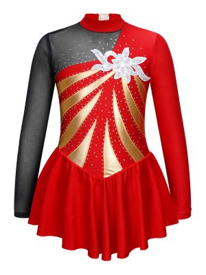 iEFiEL Girls Long Sleeve Shiny Rhinestone Dance Leotard Sequins Floral Decor Hollow Back Skating Dance Dress