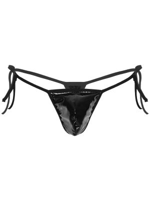 iEFiEL Mens Low Rise Lace-up T-back Thong Glossy Patent Leather Bulge Pouch G-string Underwear