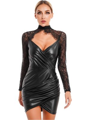 iEFiEL Womens Sheer Floral Lace Bodycon Dress Deep V Ruched Faux Leather Mini Dresses for Cocktail Night Club