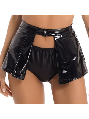 Women Wetlook Open Front One Button Mini Skirts for Club Pole Dance