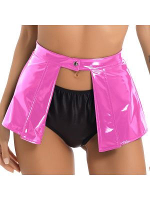 iEFiEL Womens Wetlook Patent Leather Mini Skirt Open Front One Button Skirts for Club Pole Dance