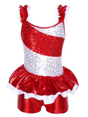 iEFiEL Kids Girls Christmas Shiny Jumpsuit Ruffle Shoulder Straps Fluffy Skirt Boyleg Jumpsuit for Dance