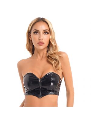 iEFiEL Womens Patent Leather Bustier Tube Tops Front Zipper Back Lace-Up Strapless Crop Top Clubwear