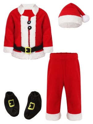 iEFiEL Kids Boys Christmas Santa Dress Up Costume Long Sleeve Tops with Pants Santa Hat Shoe Covers Suit