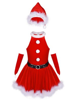 iEFiEL Kids Girls Christmas Velvet Dress Up Costume Fluffy A-line Dress with Santa Hat and Gloves Suit