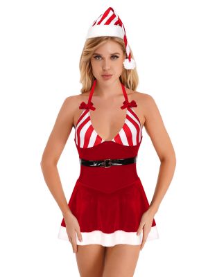 iEFiEL Womens Christmas Outfit Cosplay Costume Halter Deep V Backless Dress Striped Velvet Dresses with Belt Hat