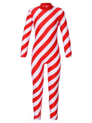 iEFiEL Girls Christmas Striped Unitard Turtleneck Long Sleeve Long Pants Stretch Jumpsuit for Party