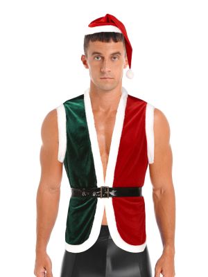 iEFiEL Mens Christmas Santa Claus Cosplay Outfit Open Front Flannel Trimming Velvet Sleeveless Tops with Belt Hat