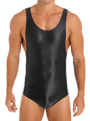 iEFiEL Mens Glossy Stretchy Bodysuit Sleeveless Leotard Skinny Jumpsuit Wrestling Singlet Swimwear Sportswear