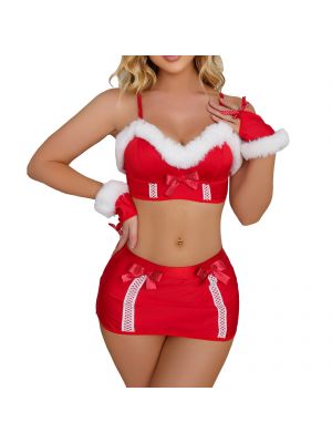 iEFiEL Womens Christmas Lingerie Set Faux Fur Trim Bra Tops Elastic Waistband Miniskirt with Gloves