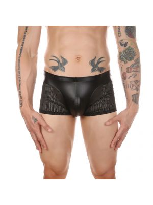 iEFiEL Mens Low Rise Bulge Pouch Underpants Underwear Hollow Out Sheer Mesh Patchwork Faux Leather Boxer Shorts/Briefs
