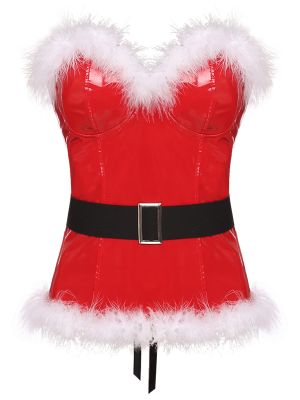 iEFiEL Womens Christmas Party Costume Feather Trimming Strapless Corset Wetlook Patent Leather Lace-up Back Bustier