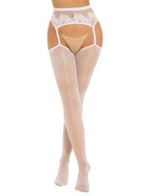 Women Floral Lace Cutout Crotchless Garter Pantyhose