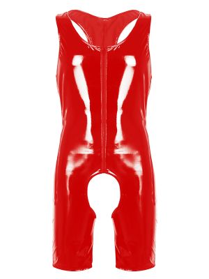 Men Wetlook Patent Leather Sleeveless Front Zipper Crotchless Romper