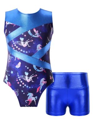 iEFiEL Kids Girls Sleeveless Hollow Out Prints Patchwork Leotard with Metallic High Waist Shorts for Gymnastic Dance Sports