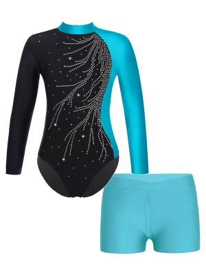 iEFiEL Kids Girls Long Sleeve Shiny Rhinestones Adorned Keyhole Back Leotard with Shorts for Dance Skating Workout