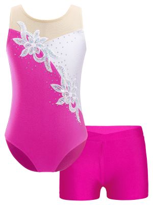 iEFiEL Kids Girls Glittery Sequins Rhinestones Adorned Patchwork Leotard with Shorts for Dance Gymnastic Skating