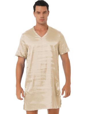 Men Satin V Neck Short Sleeve Sleepwear Sides Split Pajamas Dress