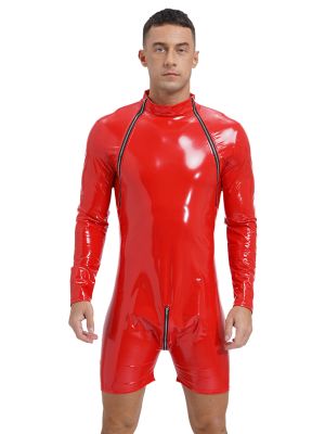 Men Wet-Look Patent Leather Bodysuit with Zipper Crotch for Club & Nightlife