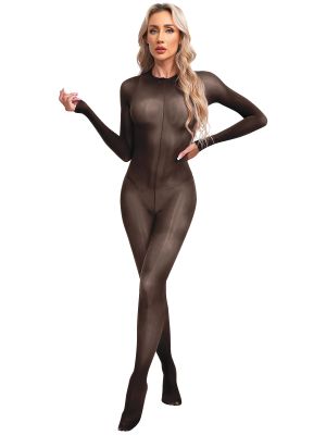 Women Long Sleeve See-Through Glossy Footed Bodystocking Back Zipper Jumpsuit