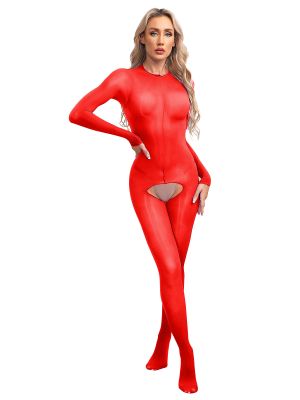 Women Long Sleeve See-Through Glossy Footed Bodystocking Back Zipper Jumpsuit