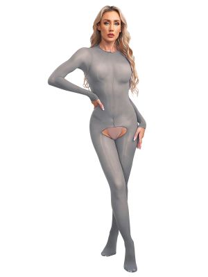 Women Long Sleeve See-Through Glossy Footed Bodystocking Back Zipper Jumpsuit