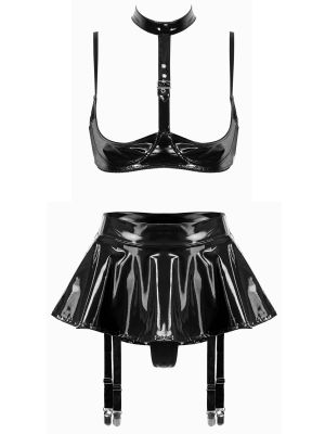Women 2pcs Wetlook Open Cup Bra and Built-in Thongs Mini Skirt Matching Set