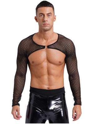 Men Sexy Long Sleeve Hollow Out Fishnet Crop Cover Ups