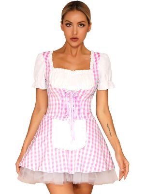 Women Halloween Miss Muffet Front Lace-Up Apron Plaid Maid Costume Dress