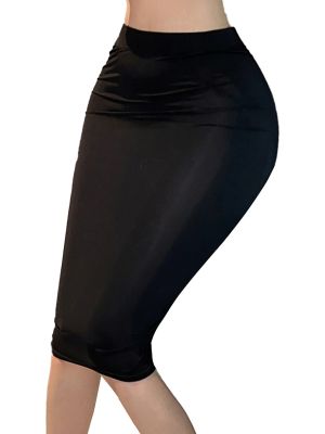 Womens Semi See Solid Color High Waist Elastic Waistband Keen Length Skirts