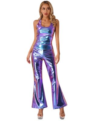 Women Metallic Deep U-neckline Racer Back Tank Top and Flare Pants Set for Club