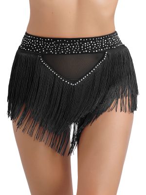 Women Shiny Rhinestone Tassel Mesh Belly Dance Shorts