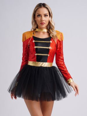 Women Long Sleeve Tassel Circus Ringmaster Costume Tutu Dress