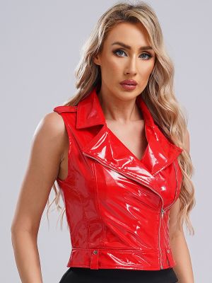 Women Wet Look Patent Leather Lapel Front Zipper Motorcycle Biker Waistcoat