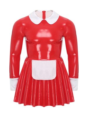 Men Sissy Patent Leather Long Sleeve Satin Apron A-Line Maid Dress