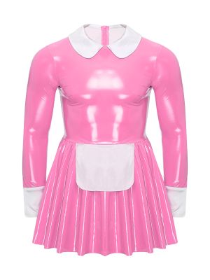 Men Sissy Patent Leather Long Sleeve Satin Apron A-Line Maid Dress