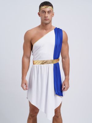 Men One Shoulder Sleeveless Dress with Sequin Headband Greek Goddess Costume