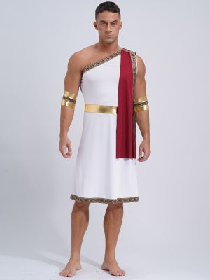 Men One Shoulder Embroidered Trim Robe Ancient Greek Toga Costume Dress