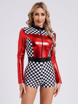 Women Long Sleeve Checkerboard Print Racer Driver Costume Jumpsuit
