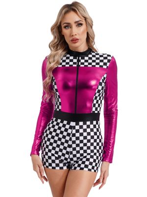 Women Long Sleeve Checkerboard Print Racer Driver Costume Jumpsuit