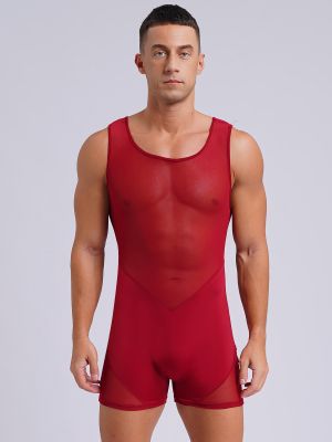 Men Breathable Scoop Neck Sleeveless Mesh Bodybuilding Fitness Leotard