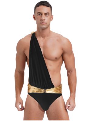 Men Sexy One Shoulder Metallic Belt Briefs Toga Bodysuit