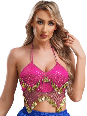 Women Halter Neck Sequin Mesh Beads Tassel Lace-up Bra for Belly Dance
