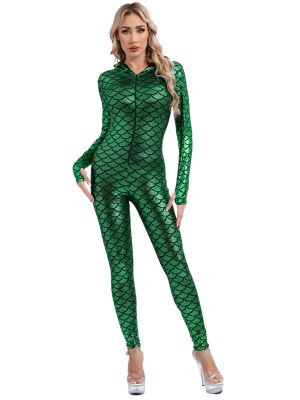 Women Long Sleeve Fishscale Print Front Zipper Mermaid Costume Jumpsuit