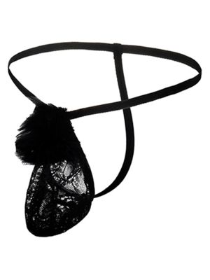 Men Sexy Lace Pouch Fuzzy T-back Butt Flaunting Fun Thong G-string